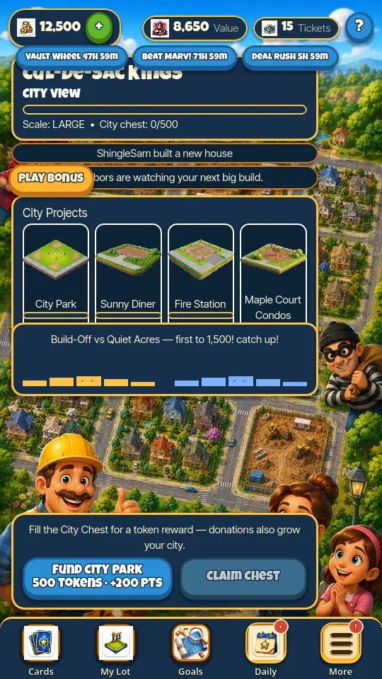 My City projects and team activity in Lucky Lots